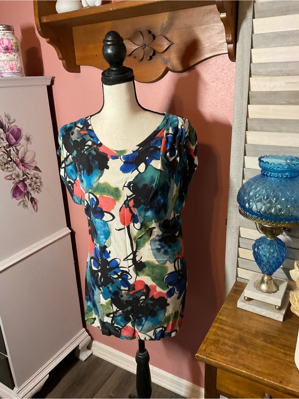 Simply Vera Vera Wang Multicolor Floral Scoop Neck Short Sleeve Top